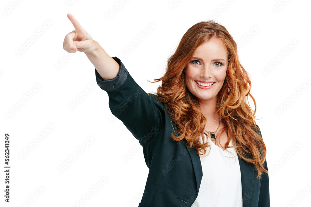 Studio portrait, pointing and woman show marketing, advertising or promotion space isolated on white