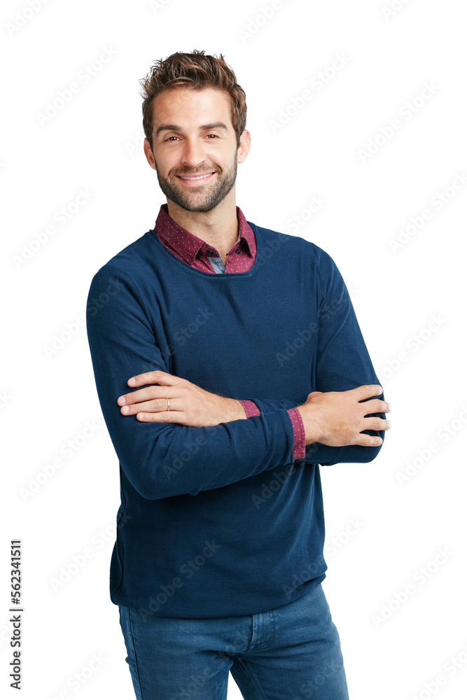 Happy, handsome and portrait of man with arms crossed isolated on a white background in studio. Fash