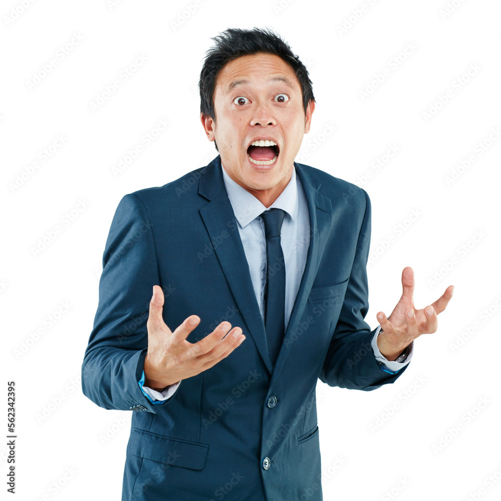 Angry, frustrated and portrait of a surprised Asian man isolated on a white background in a studio. 