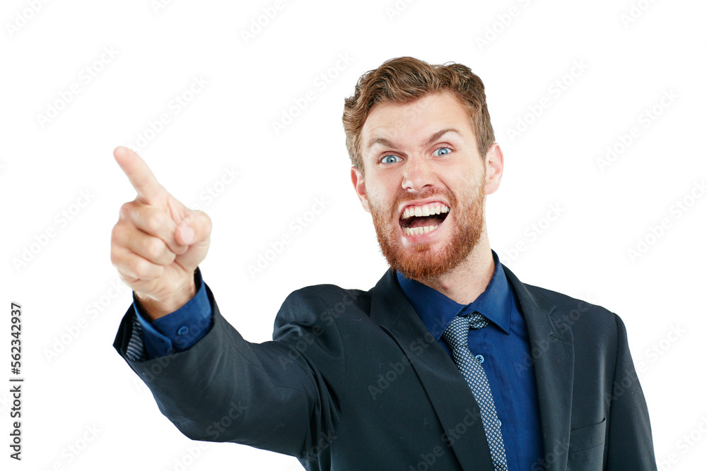 Portrait, angry and businessman pointing in studio, frustrated and shouting on white background. Str