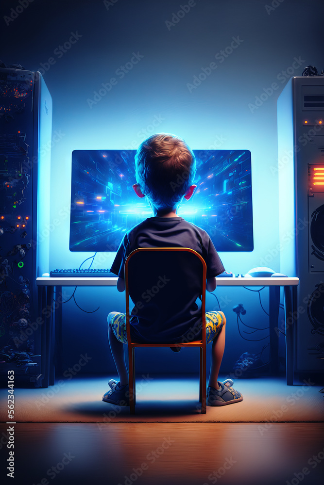 Kid playing video games in his room. Back view of a child sitting in front of a monitor. Colorful bl