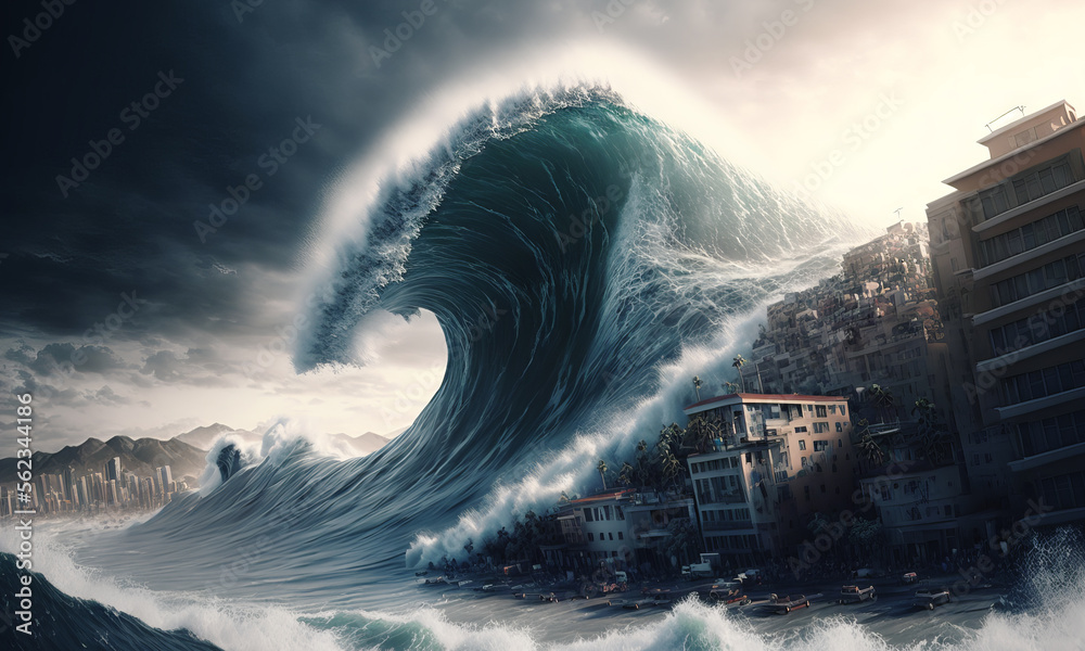 Huge tsunami destroying a city. Dramatic scenery with a big wave flooding the lanscape. Natural disa