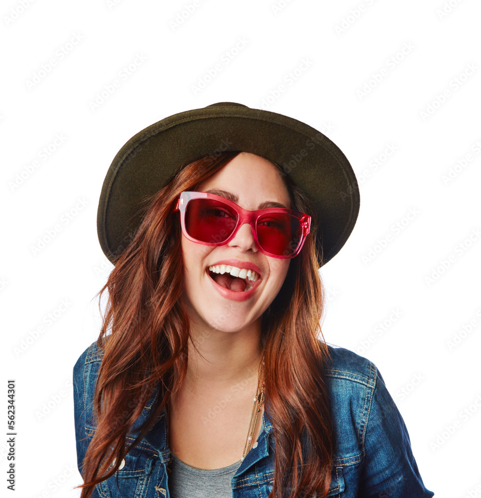 Portrait, fashion and sunglasses with a model woman in studio isolated on a white background for a c