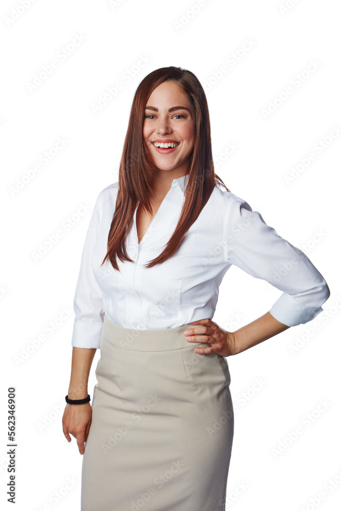 Isolated business woman, smile and standing as a leader for profile or ambition against a white stud