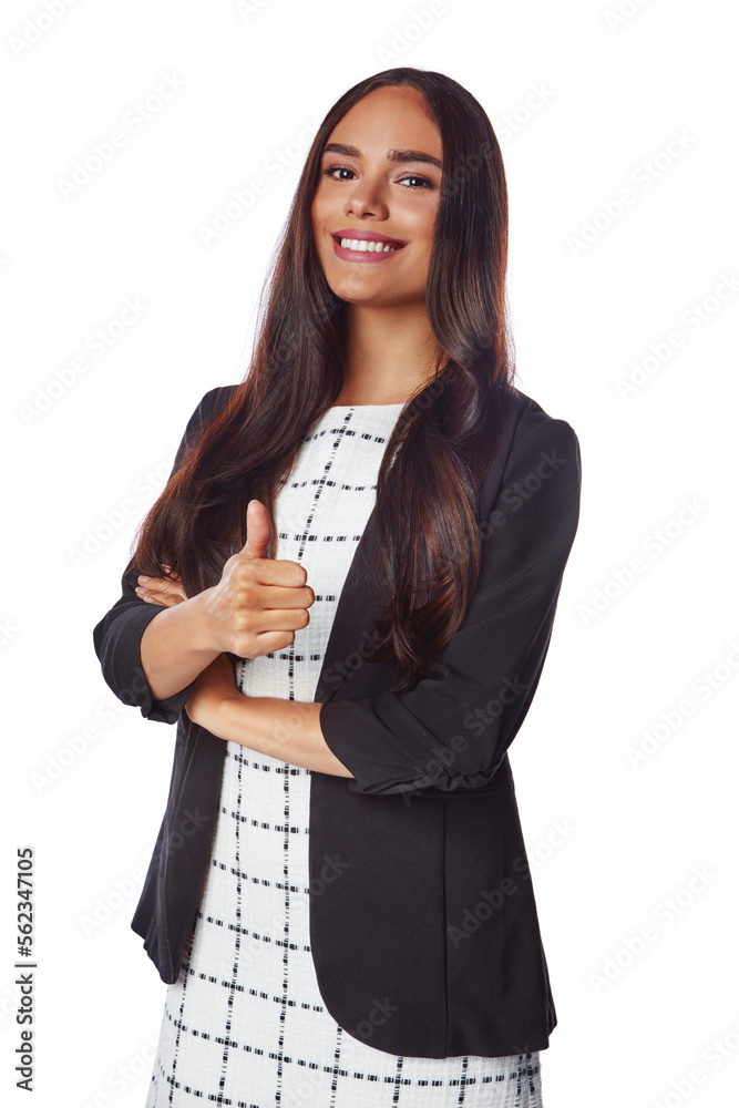 Business woman, portrait or thumbs up on isolated white background, advertising mockup or marketing 