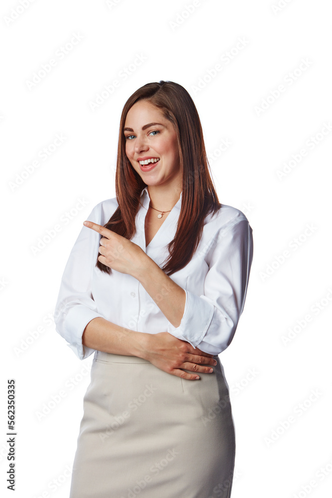 Showing, displaying and pointing at copy space by businesswoman isolated in a studio white backgroun