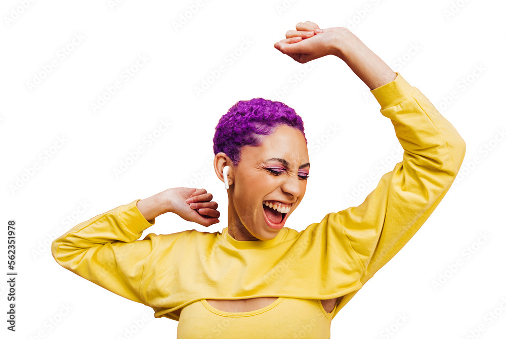 Woman with purple hair dancing and celebrating on a transparent background