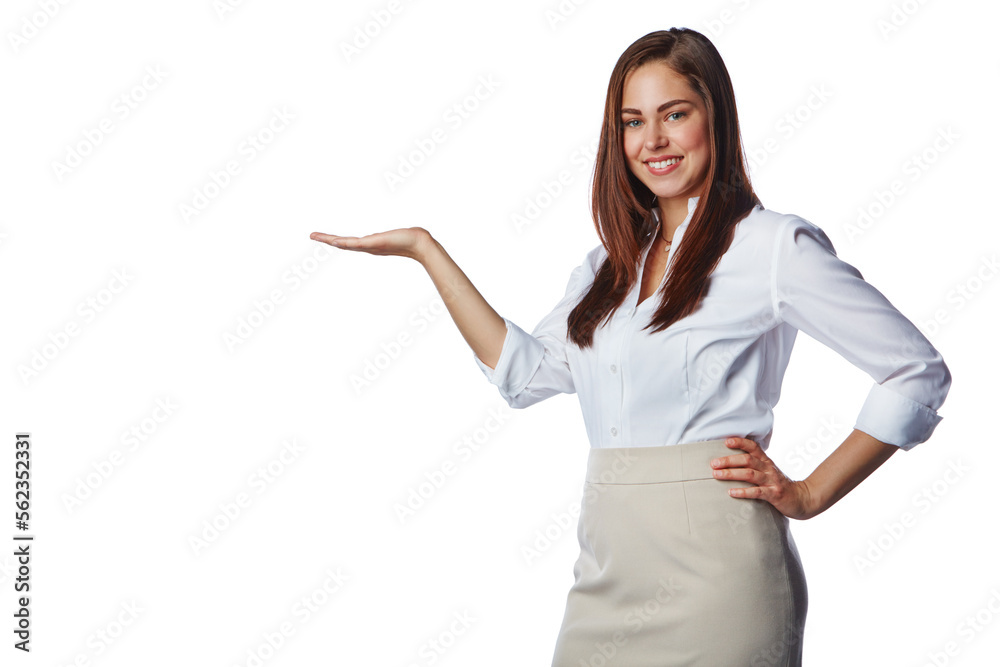 Advertising, display and woman with hand on a white background for product placement, sign and deal.