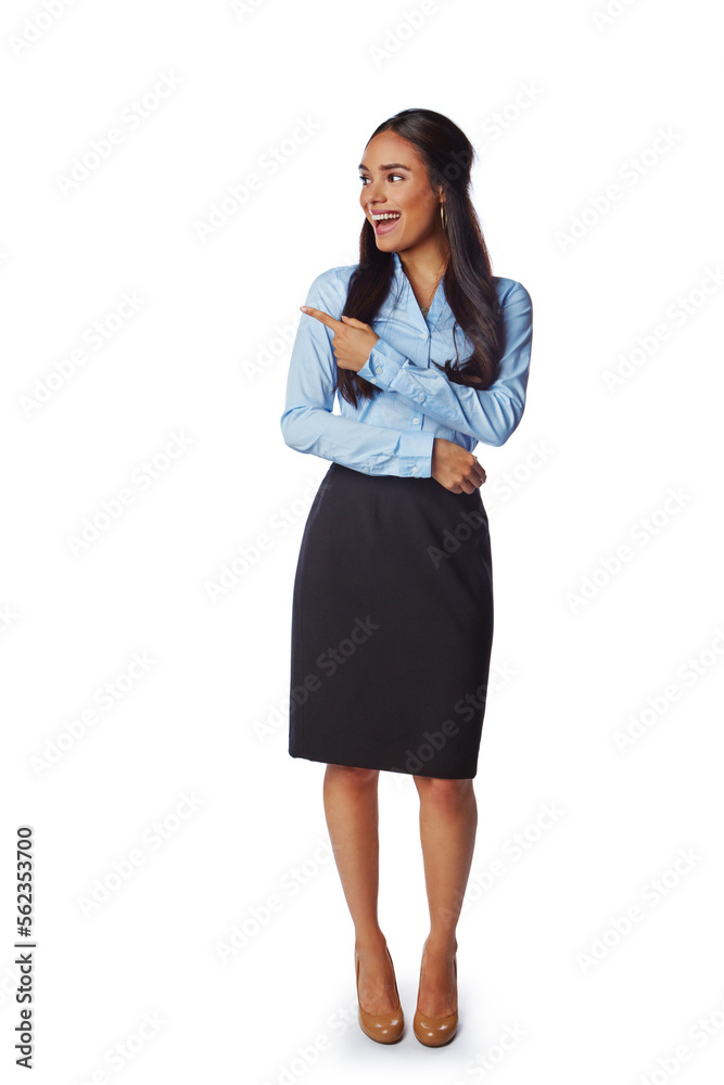 Business woman, hands and pointing on promotion mockup, marketing space or advertising mock up on wh