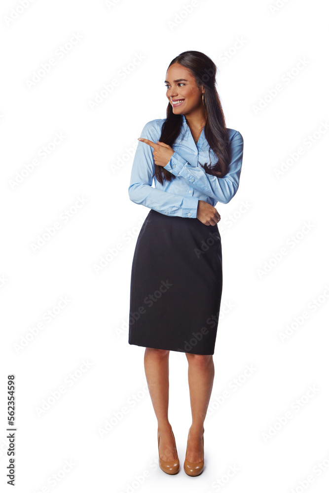 Mockup, woman and point for business, product placement and lady isolated on white studio background