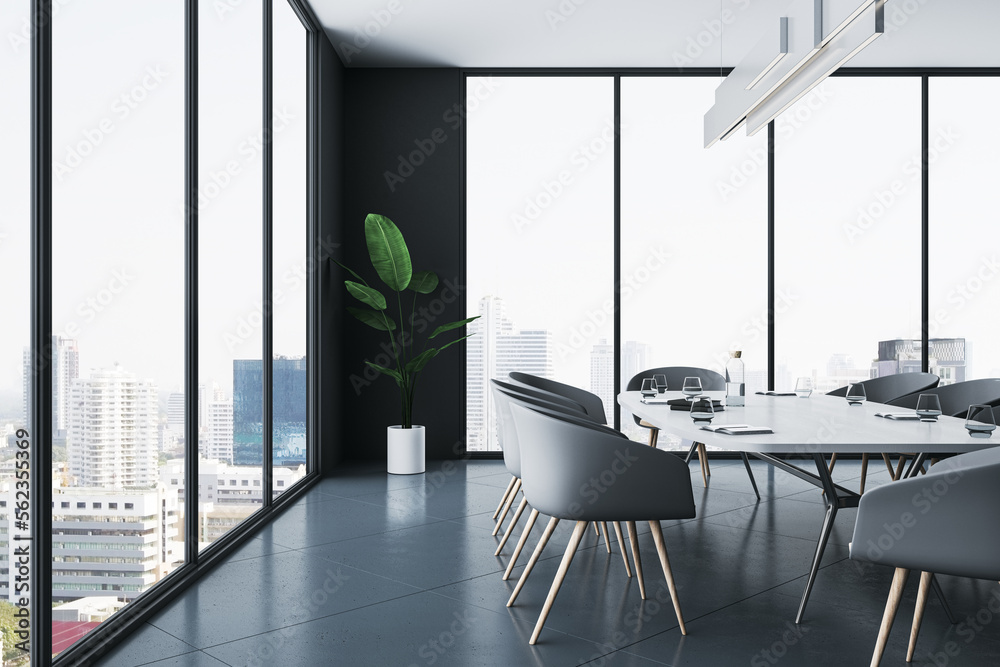 Side view on conference room interior design area with stylish furniture on dark glossy floor, green