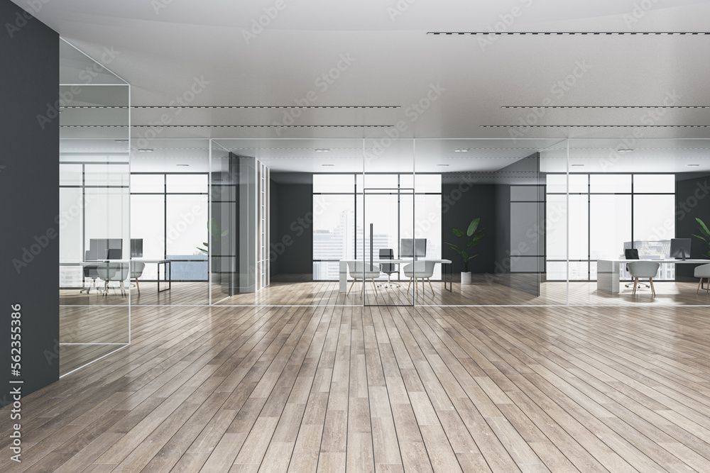 Front view on modern spacious sunlit office cabinets with city view background from panoramic window