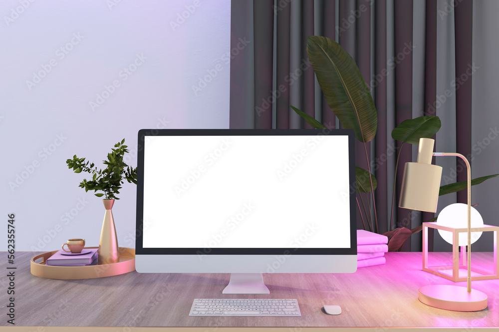 Creative wooden designer office desktop with blank white computer screen, decorative plant and other