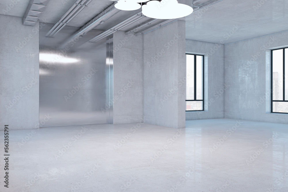 Abstract simple concrete room design with windows and daylight. 3D Rendering.