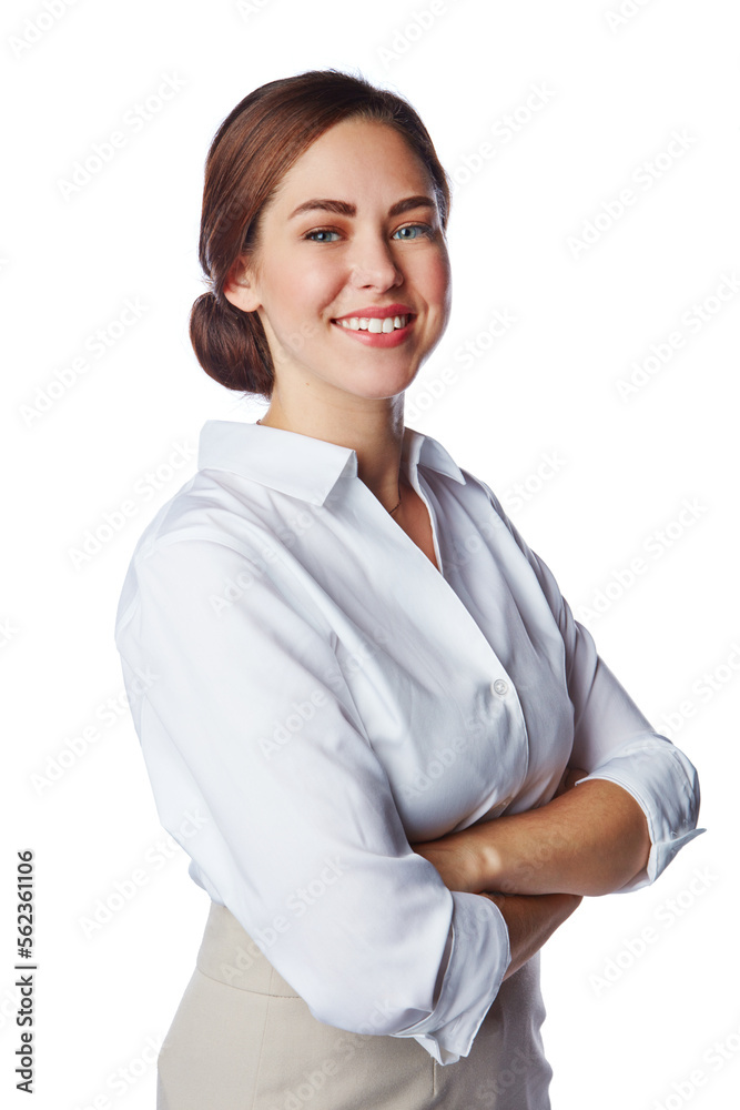 Isolated, business and portrait of woman in white background studio with arms crossed, leadership an