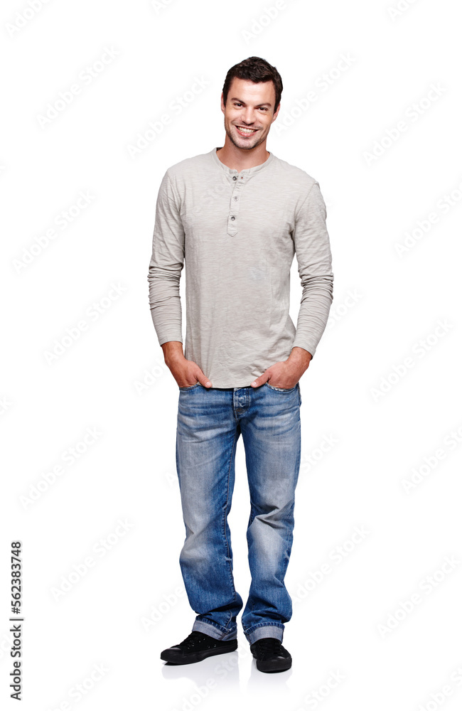 Portrait, smile and man with hands in pocket in studio isolated on a white background looking happy.