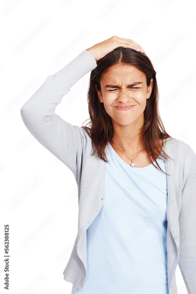 Confused, doubt and mistake with a woman in studio isolated on a white background standing hand on h