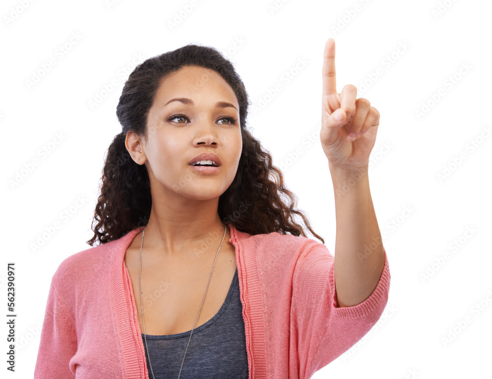 Future, ai and finger with a black woman in studio isolated on a white background using touchscreen 