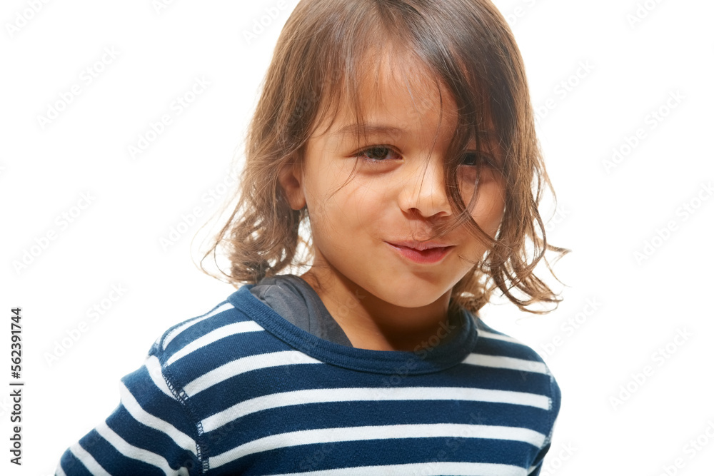 Portrait, kids and mockup with a boy child in studio isolated on a white background for marketing. C