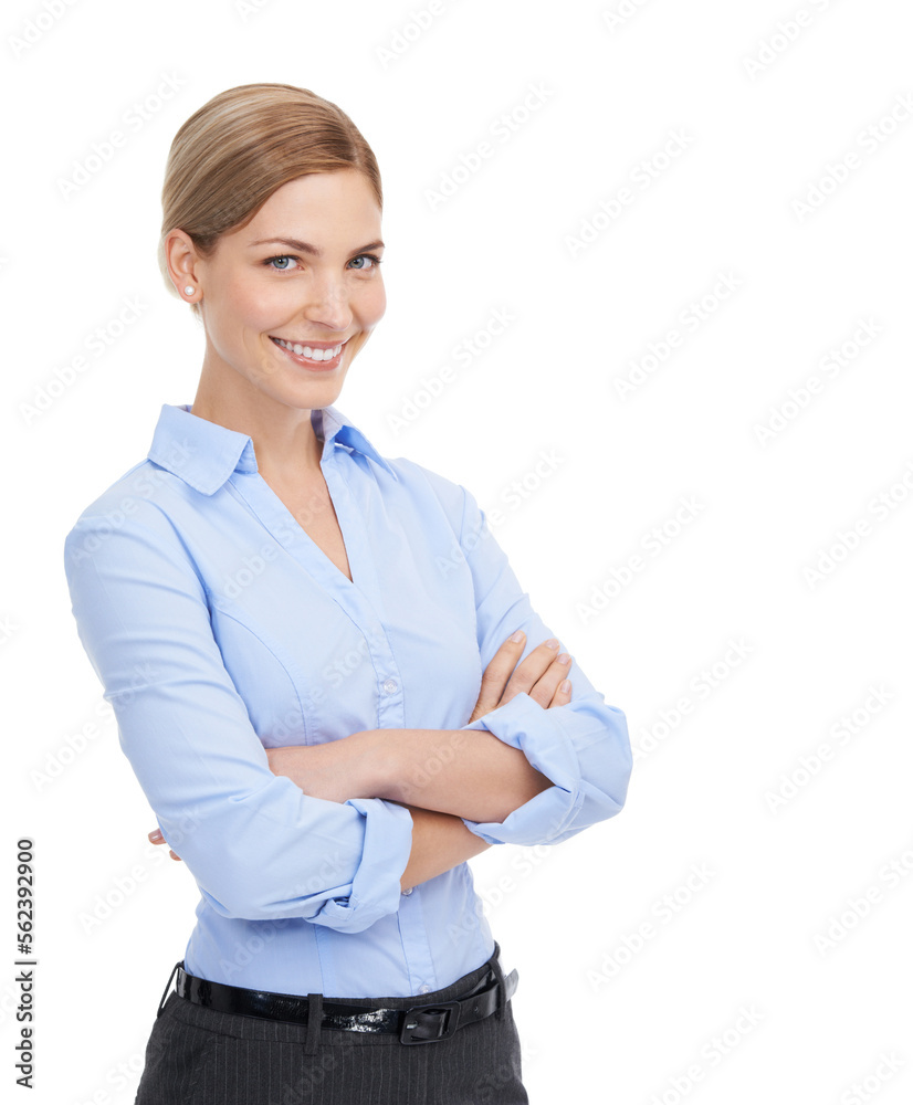 Portrait, business and woman arms crossed, happy and ceo isolated on white studio background. Female