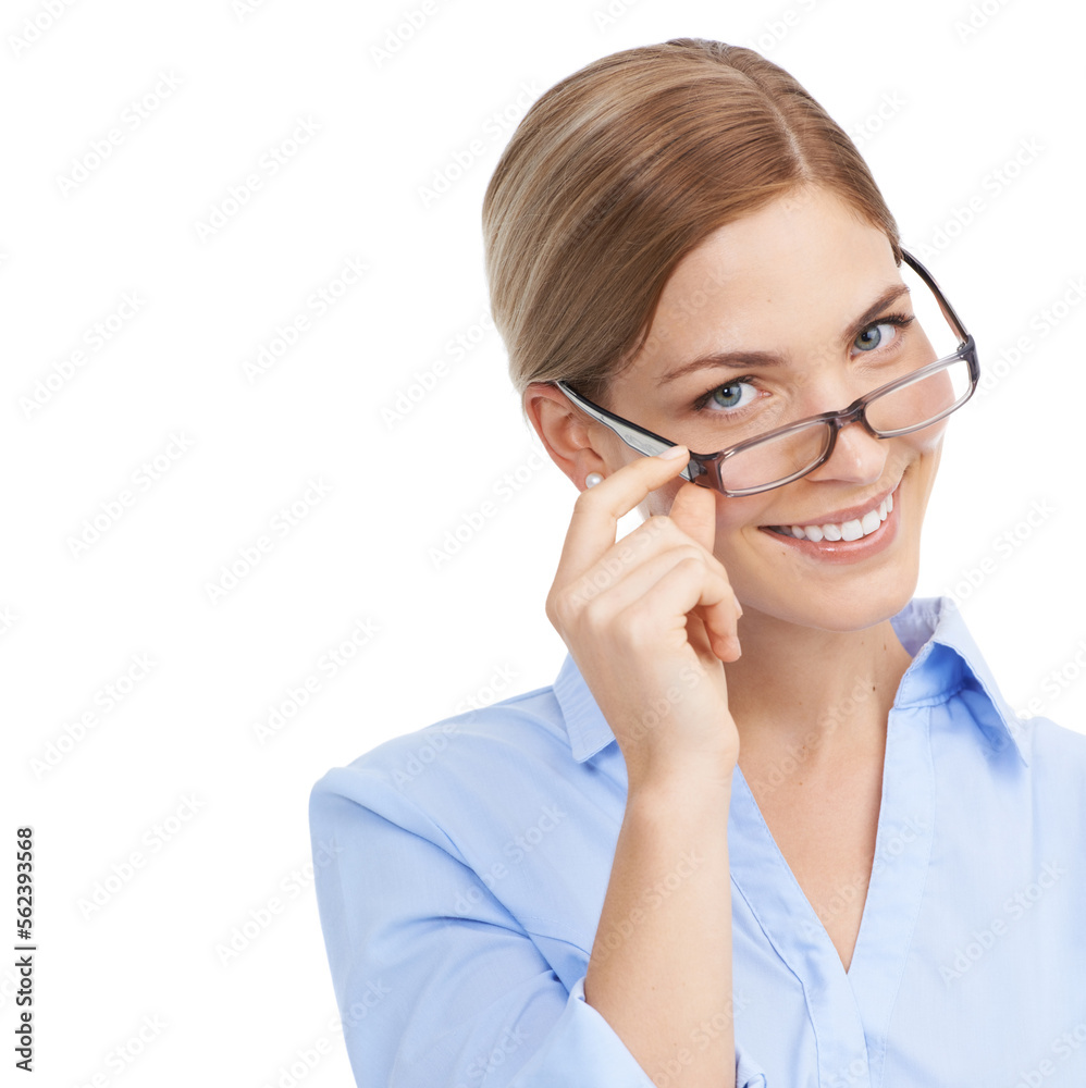 Portrait, business and woman with glasses, success and happy female isolated on white studio backgro