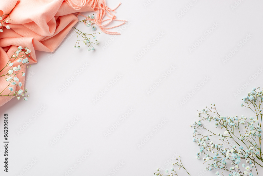 Hello spring concept. Top view photo of pink scarf and gypsophila flowers on isolated white backgrou