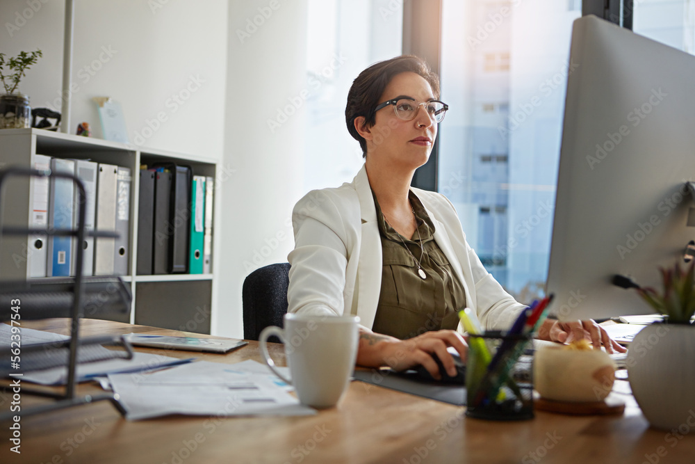 Reception, computer and business woman in office typing online documents, website research and writi