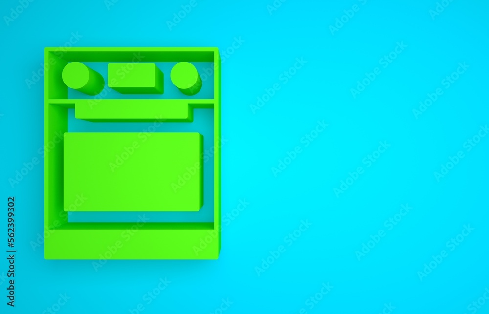 Green Oven icon isolated on blue background. Stove gas oven sign. Minimalism concept. 3D render illu