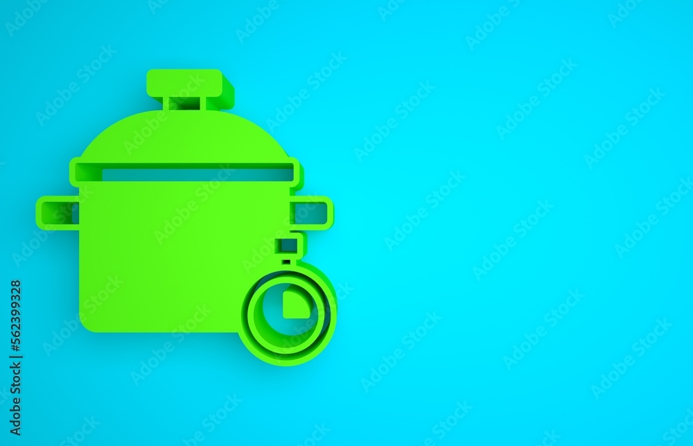 Green Cooking pot icon isolated on blue background. Boil or stew food symbol. Minimalism concept. 3D