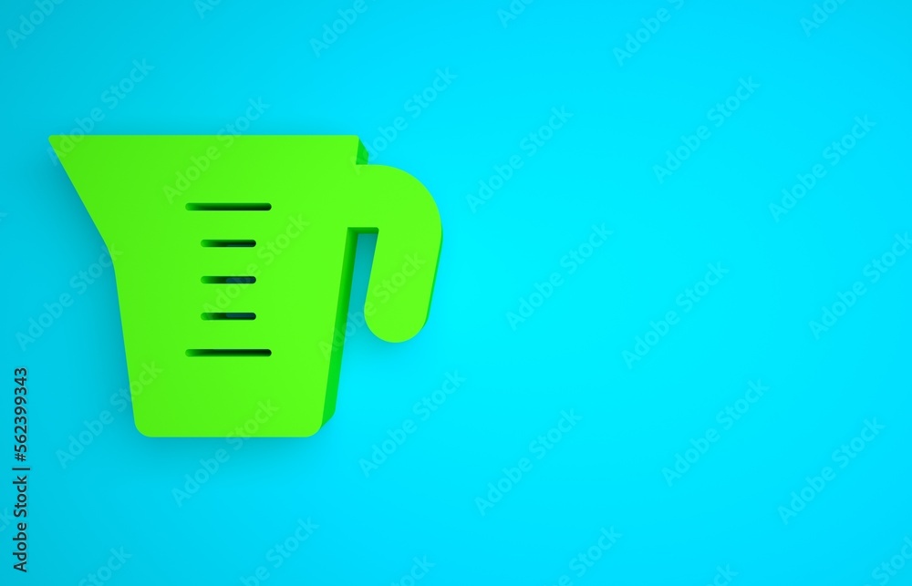 Green Measuring cup to measure dry and liquid food icon isolated on blue background. Plastic graduat