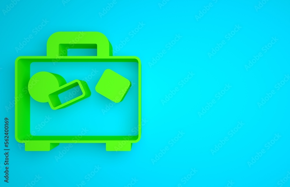 Green Suitcase for travel icon isolated on blue background. Traveling baggage sign. Travel luggage i