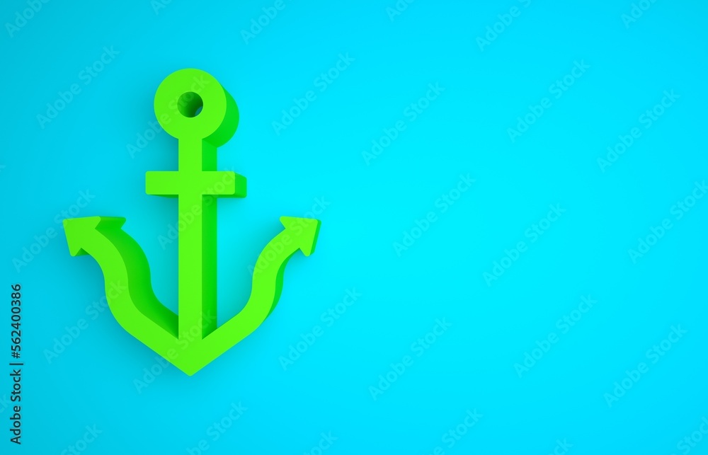 Green Anchor icon isolated on blue background. Minimalism concept. 3D render illustration