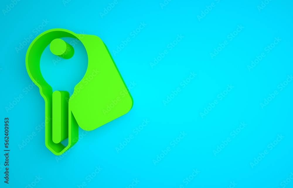 Green Hotel door lock key icon isolated on blue background. Minimalism concept. 3D render illustrati