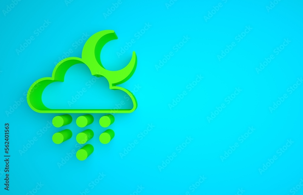 Green Cloud with rain and moon icon isolated on blue background. Rain cloud precipitation with rain 