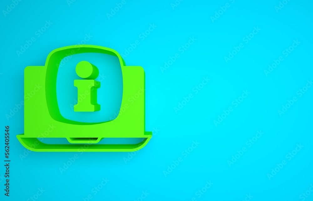 Green Laptop with information icon isolated on blue background. Minimalism concept. 3D render illust