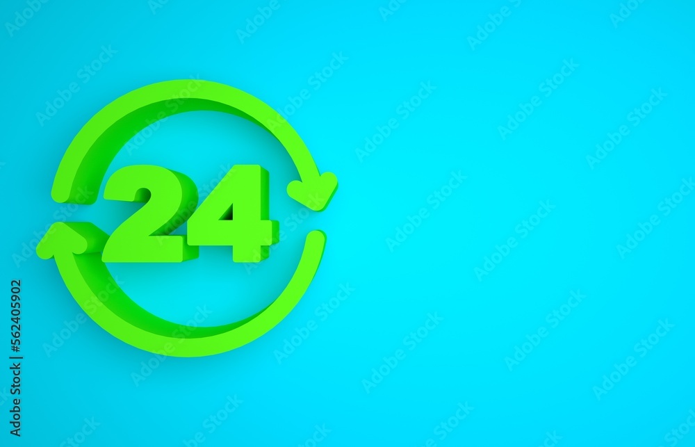 Green Telephone 24 hours support icon isolated on blue background. All-day customer support call-cen