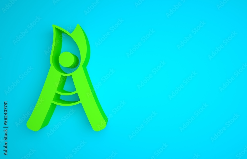 Green Gardening handmade scissors for trimming icon isolated on blue background. Pruning shears with