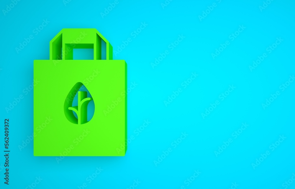 Green Paper shopping bag with recycle icon isolated on blue background. Bag with recycling symbol. M