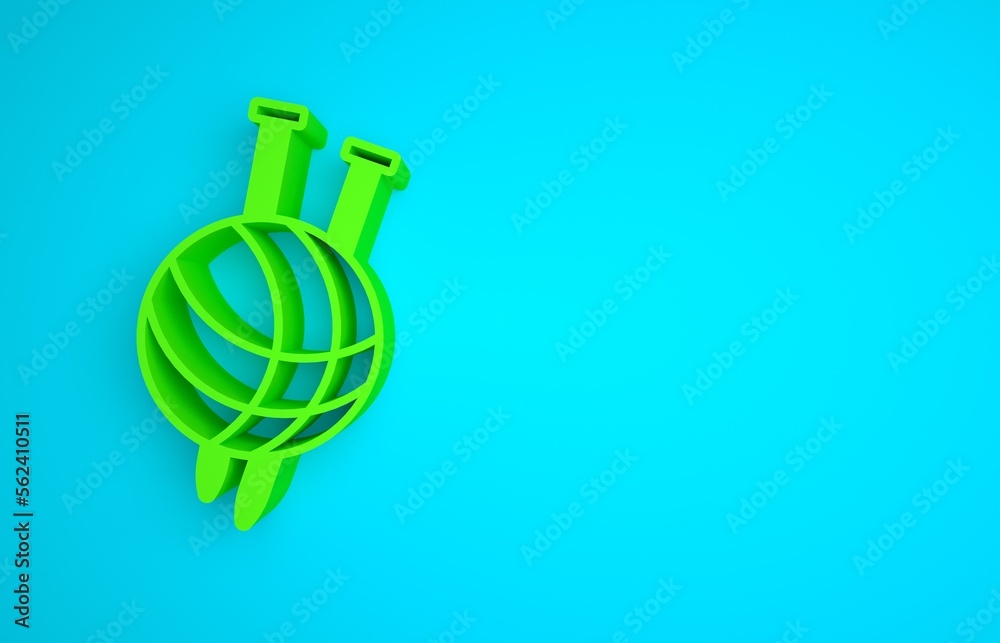 Green Yarn ball with knitting needles icon isolated on blue background. Label for hand made, knittin