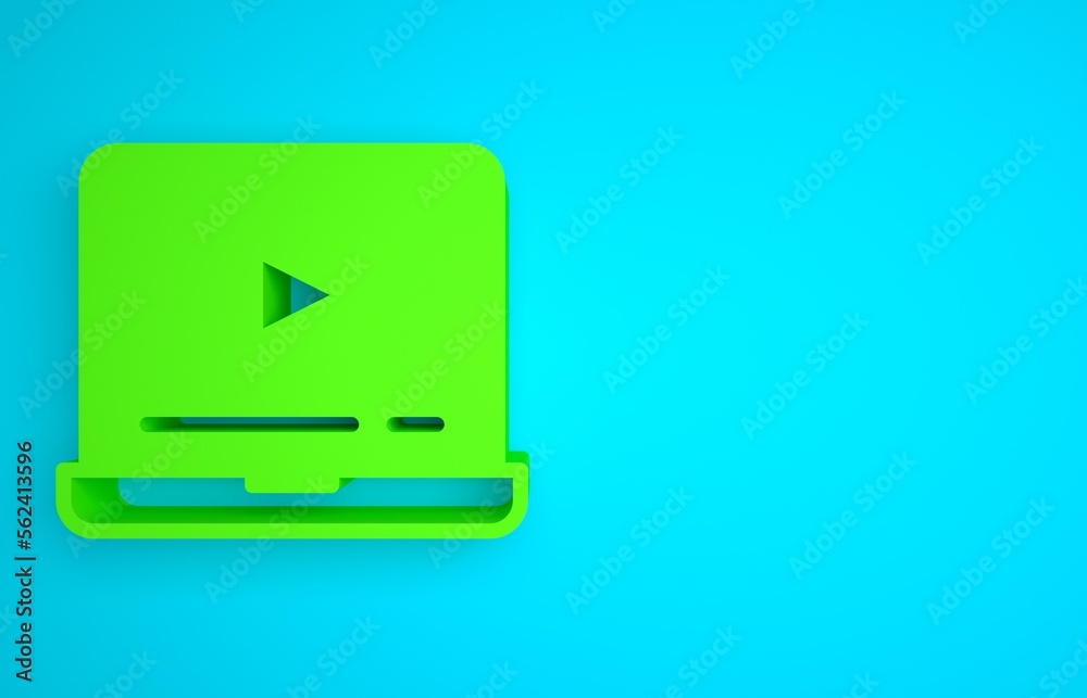 Green Online play video icon isolated on blue background. Laptop and film strip with play sign. Mini