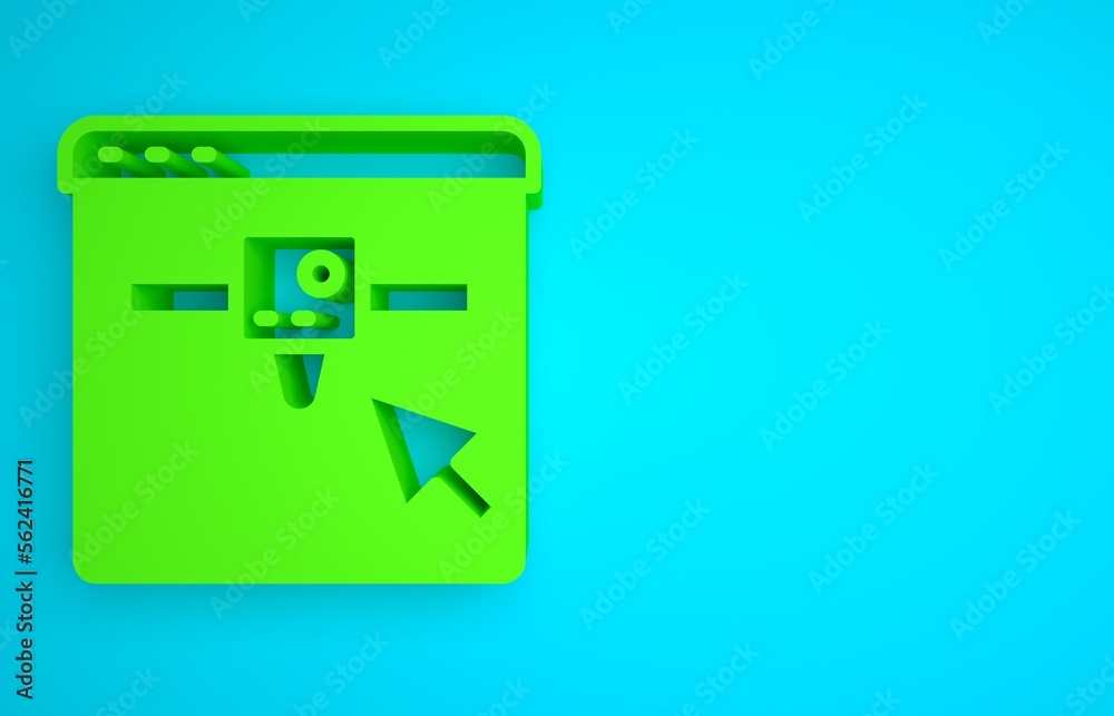 Green 3D printer setting icon isolated on blue background. 3d printing. Minimalism concept. 3D rende