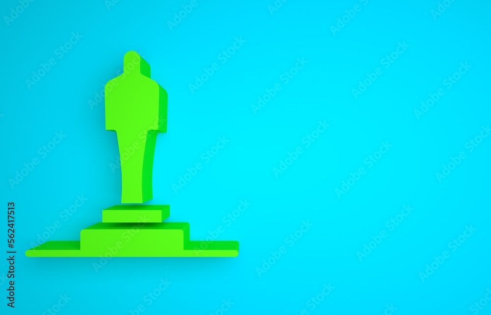 Green 3D printer model icon isolated on blue background. 3d printing. Minimalism concept. 3D render 