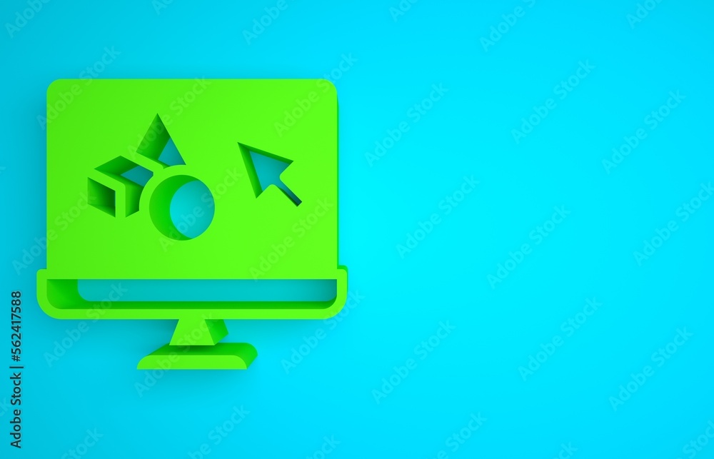 Green 3D printer software icon isolated on blue background. 3d printing. Minimalism concept. 3D rend