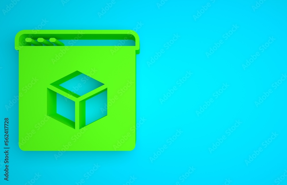 Green 3D printer icon isolated on blue background. 3d printing. Minimalism concept. 3D render illust