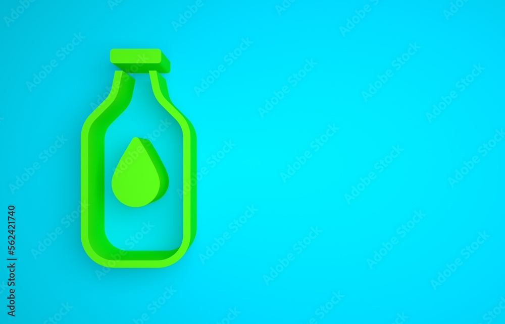 Green Bottle of water icon isolated on blue background. Soda aqua drink sign. Minimalism concept. 3D