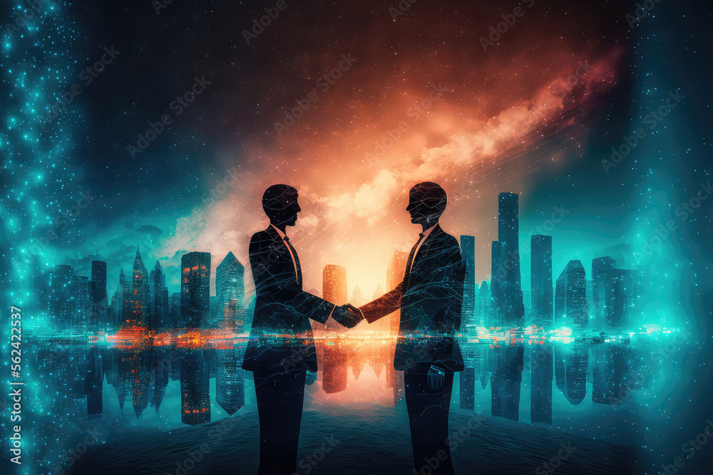 Double exposure of business handshake for successful of investment deal and city night background, t