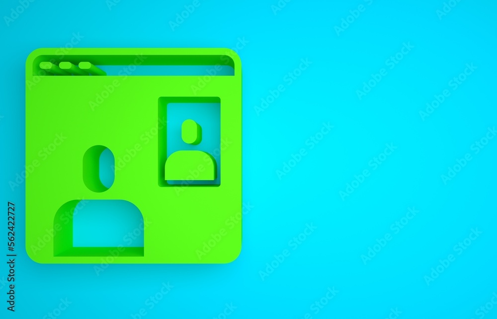 Green Video chat conference icon isolated on blue background. Computer with video chat interface act