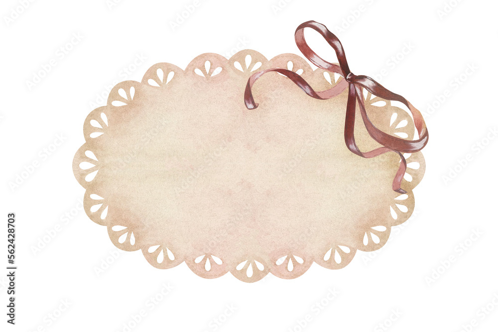 Oval beige lace doily with red bow. Place for inscription or text. Watercolor illustration. Isolated