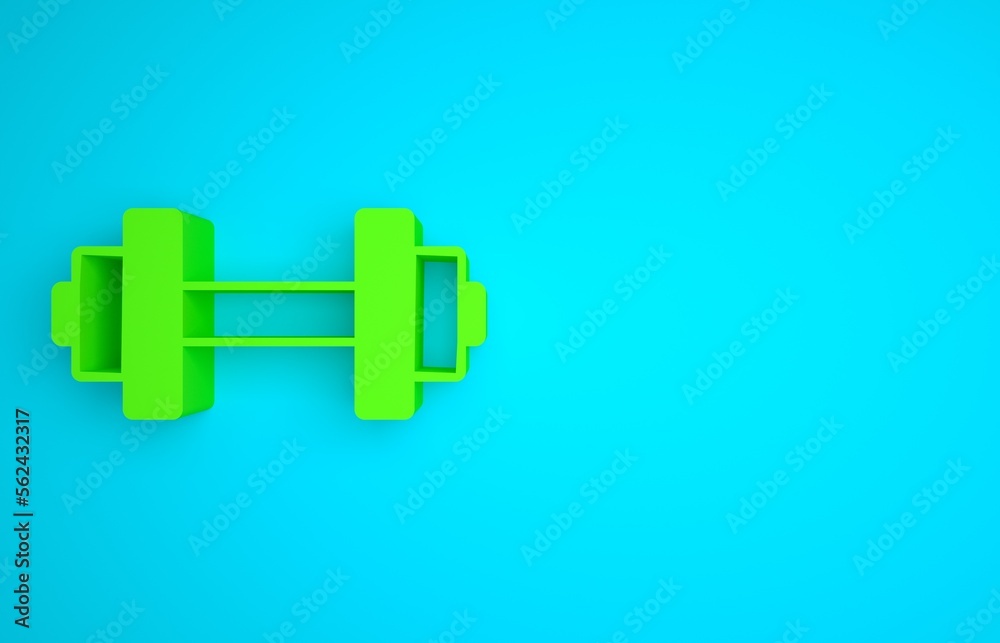 Green Dumbbell icon isolated on blue background. Muscle lifting, fitness barbell, sports equipment. 