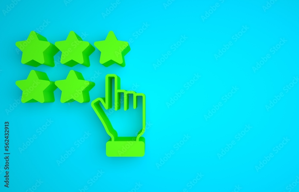 Green Five stars customer product rating review icon isolated on blue background. Favorite, best rat